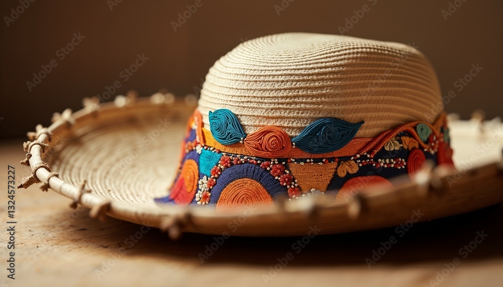Colorful straw hat with decorative band on wooden table