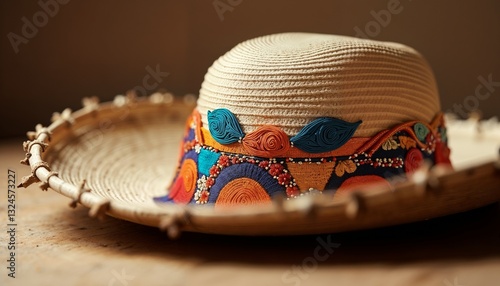Obraz na płótnie Colorful straw hat with decorative band on wooden table w salonie