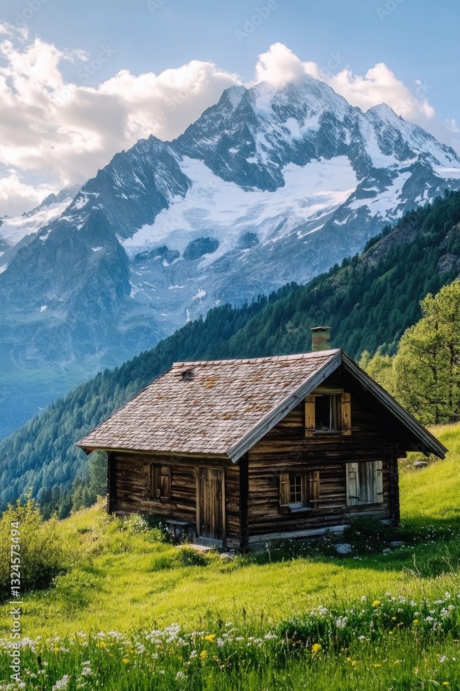 Fototapeta premium Small cabin in open field with mountain