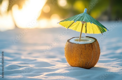 Wallpaper Mural Fresh Coconut with Colorful Umbrella on Sandy Beach During Sunset, Tropical Vacation Enjoyment, Relaxation and Leisure by the Ocean Shore Torontodigital.ca