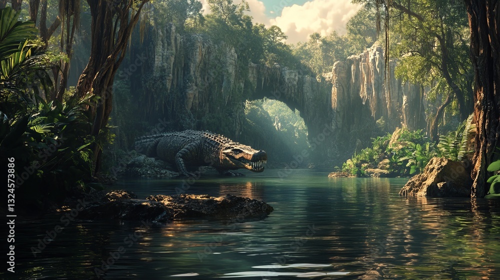 Fototapeta premium A scene of an extinct giant crocodile swimming through ancient riverways.