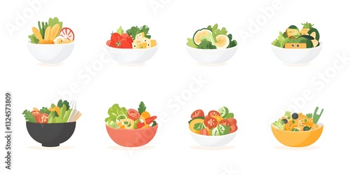 Salad Selection: A vibrant array of fresh, healthy salads, each artfully arranged in bowls, representing a balanced diet, vegetarian, vegan, and health food choices for wellness and lifestyle.