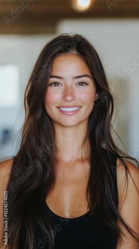 Natural Beauty Portrait of a Smiling Woman With Long Hair Against a Simple Ba...