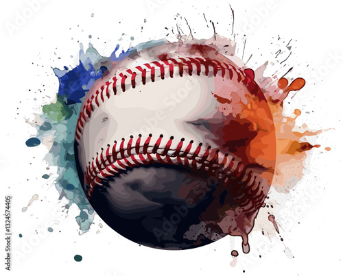 Baseball ball over splash of colorful watercolor lines over white background