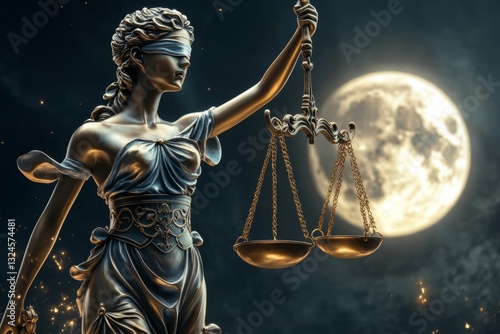A mystical Libra figure holding a golden scale, with the full moon behind them lighting the scene