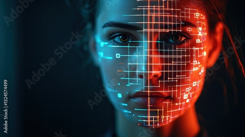 A futuristic portrait of a woman with digital facial projections in blue and red tones, symbolizing technology and innovation.