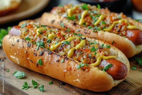 Delicious Hot Dogs Topped With Onions and Sauces on Wooden Cutting Board
