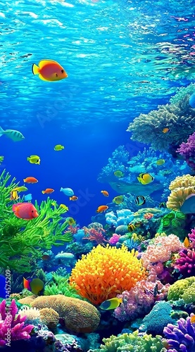 Fototapeta Naklejka Na Ścianę i Meble -  Fish swim above coral reef in blue water. Marine life background for education
