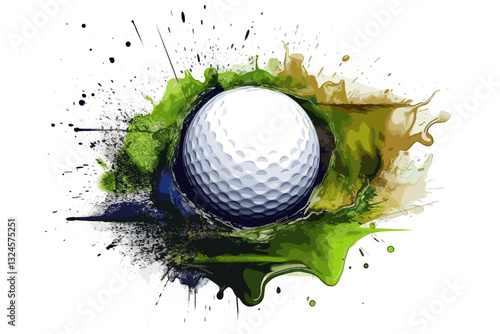 Golf ball over splash of green pain watercolor style over white background