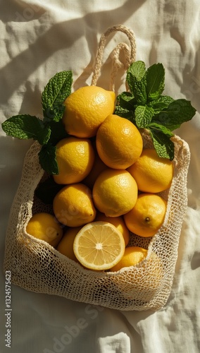 Fresh Lemons in a Woven Basket With Mint Leaves on a Light Fabric Background