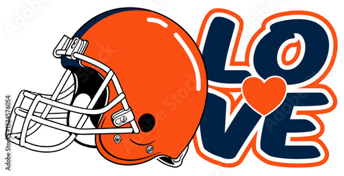 love - orange and navy blue football player helmet, sport vector graphics, hockey, for street art - graffiti lettering typography - art illustration - multicolor - writen	
