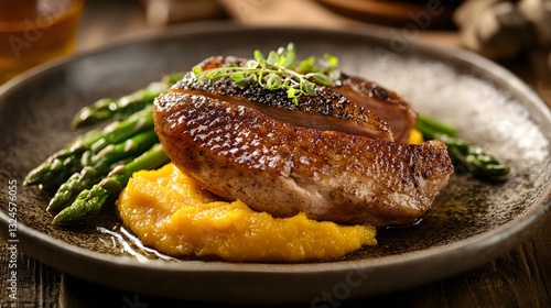 Deliciously cooked duck breast served with asparagus and creamy butternut squash puree on plate food