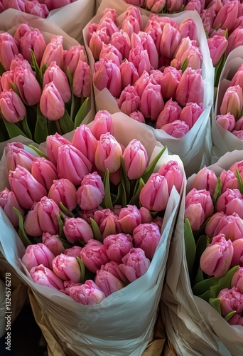 Freshly Picked Pink Tulips Displayed in Vibrant Bouquets at a Local Market