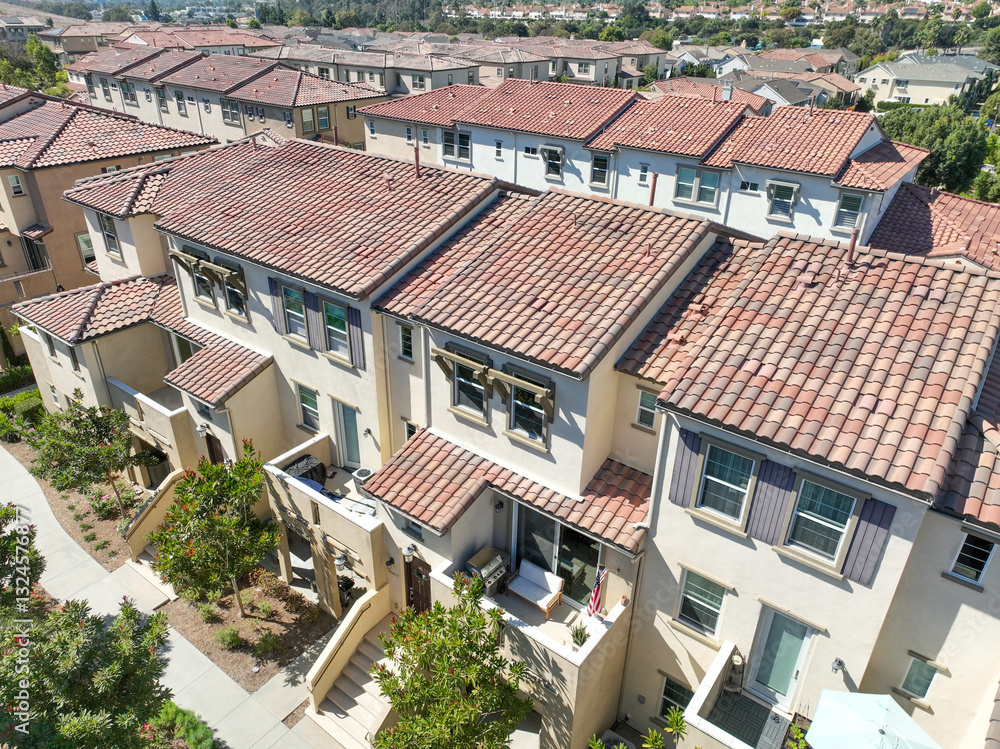 Aerial view of middle class community identical condominium apartment, Oceanside, South California, USA.