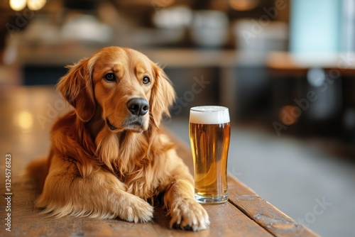 Golden Retriever Relaxes at Bar With Glass of Beer in Cozy Evening Atmosphere