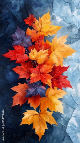 Colorful Autumn Leaves in Shades of Orange, Red, and Yellow Against a Cool Bl...