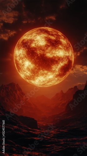 Bright Red Sun Setting Over Rocky Landscape With Dramatic Clouds in Evening Sky