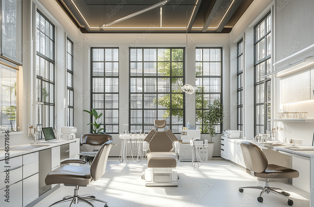 Fototapeta premium beauty salon with high ceilings, floor-to-ceiling windows, and stylish furnishings, offering a high-end and relaxing space for professional beauty treatments.