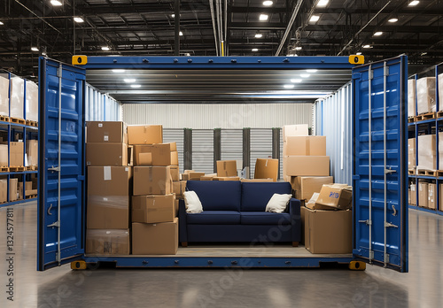 blue shipping container in a warehouse, packed with neatly stacked cardboard boxes and a sofa, symbolizing logistics, trade, and global supply chain management.