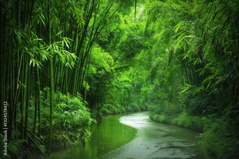 Lush green bamboo forest with a serene waterway and misty atmosphere under soft light during early morning hours Lush green bamboo forest with a serene waterway and misty atmosphere under soft light during early morning hours