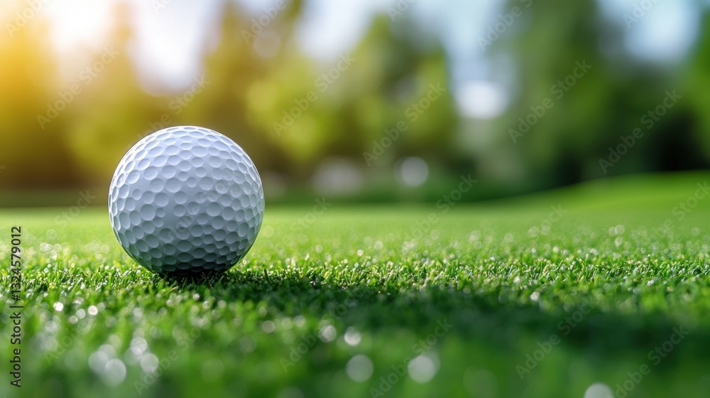 Obraz premium Closeup view of golf ball on green grass lawn