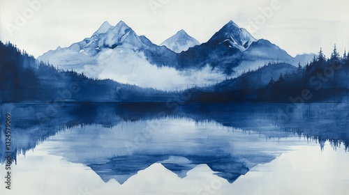Wallpaper Mural Minimalist indigo ink wash painting of mountains and pine trees reflected on a calm lake. The soft watercolor effect and misty atmosphere create a serene, dreamlike landscape with a tranquil mood. Torontodigital.ca