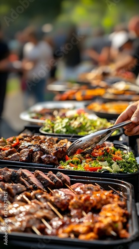 Grilling Feast: A tantalizing array of grilled delicacies, from succulent meats to vibrant salads, tempts diners at a festive outdoor barbecue.