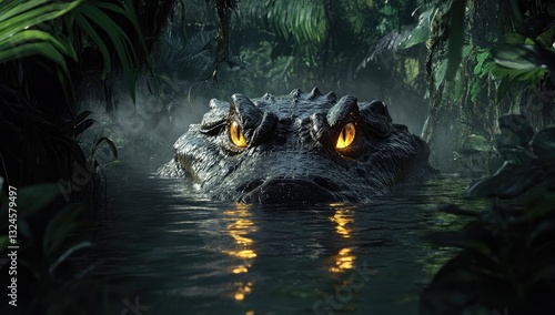 A crocodile lurking in the water of an ancient jungle swamp, its eyes glowing through the dark green foliage