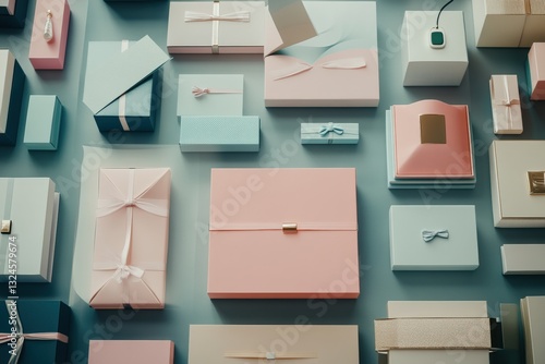 Creative flat lay of beautifully wrapped gifts in pastel colors Generative AI