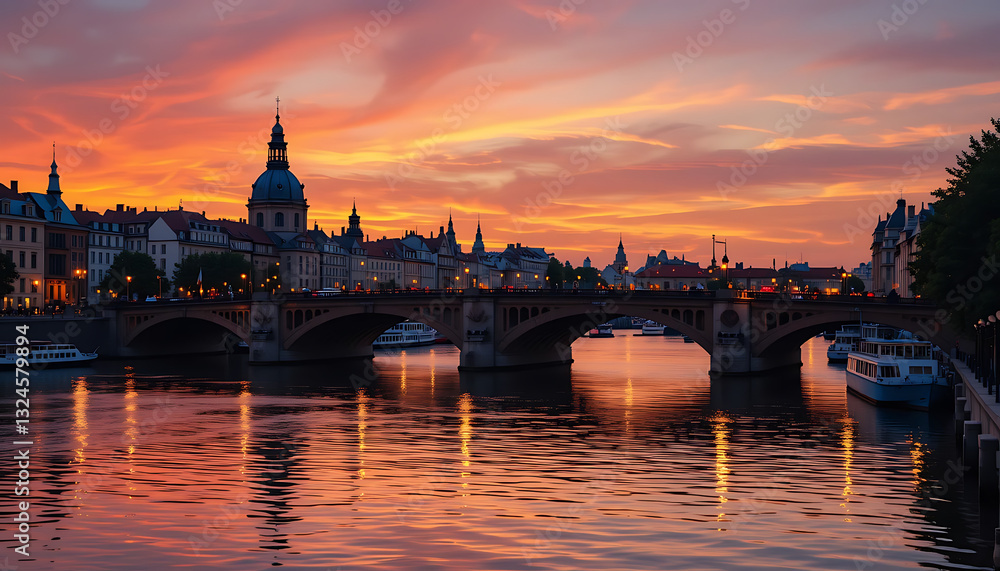 Fototapeta premium Mesmerizing Sunset Over a Historic European Bridge and River