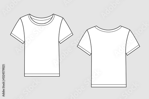 Female t-shirt vector template isolated on a grey background. Front and back view. Outline fashion technical sketch of clothes model.