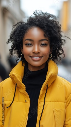 Bright Smile of a Woman in a Yellow Jacket During Autumn Outdoors