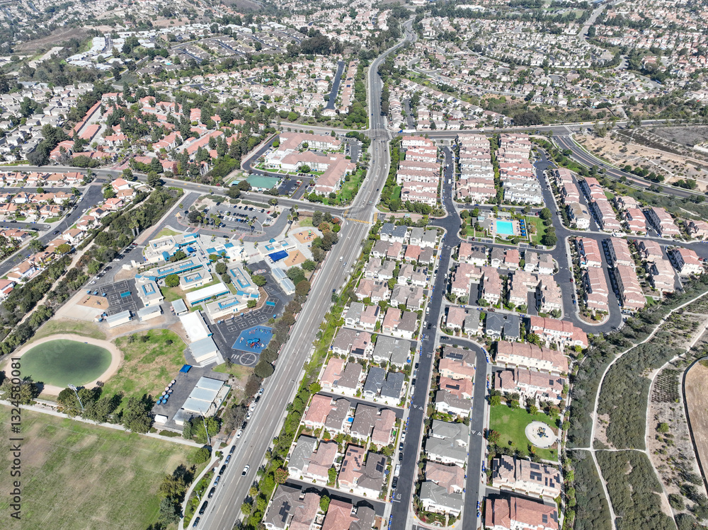 Aerial view of middle class community identical condominium apartment, Oceanside, South California, USA.
