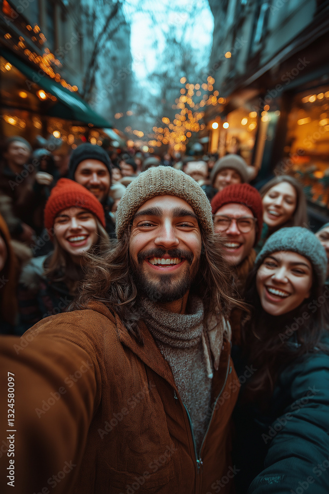 Obraz premium Photo lifestyle d’un homme barbu en tenue hivernale prenant un selfie joyeux avec ses amis dans un marché de Noël animé, sous des guirlandes lumineuses et une ambiance festive
