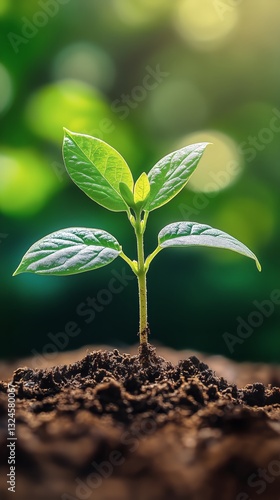New Plant Sprouting From Rich Soil Under Soft Diffuse Sunlight in a Vibrant E...