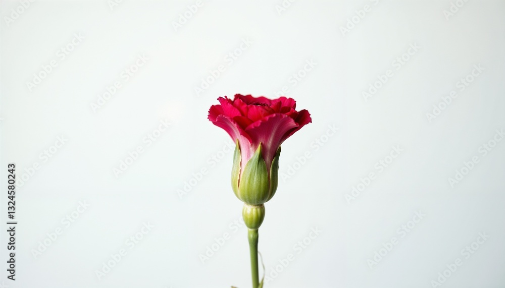 Fototapeta premium Close-up of a single red carnation bud on a white background, focusing on the details of the blooming flower