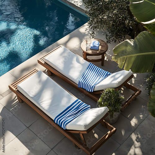 poolside setting featuring two stylish wooden sun loungers with blue and white striped towels, a side table with drinks, and lush tropical greenery, evoking a vacation ambiance.