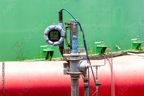 Close-up of industrial pressure transmitter with digital display showing measurement reading