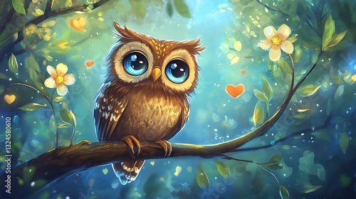 A cute owl with big blue eyes sits on a branch