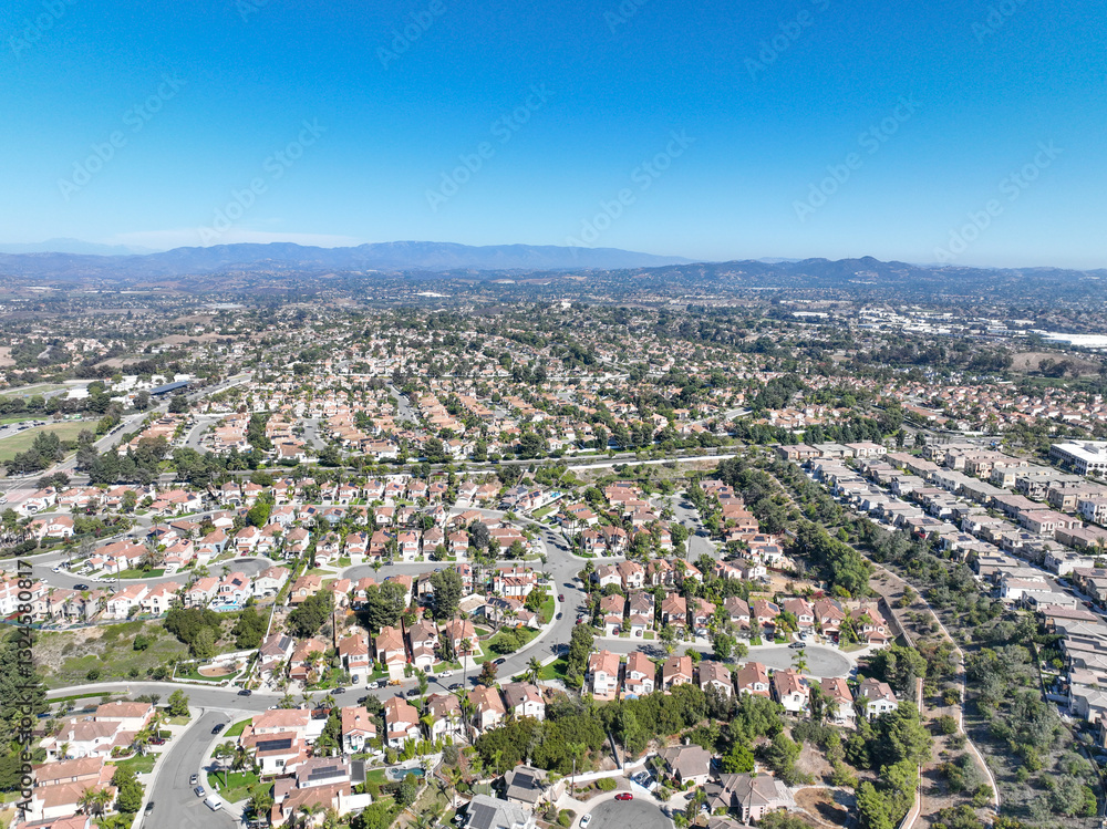 Aerial view of middle class community identical condominium apartment, Oceanside, South California, USA.
