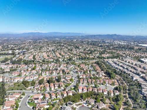 Obraz na płótnie Aerial view of middle class community identical condominium apartment, Oceanside, South California, USA. w salonie
