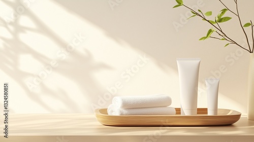 Wallpaper Mural Minimalist bathroom setup featuring skincare products and fresh towels in serene natural lighting Torontodigital.ca