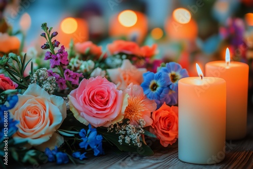 Colorful Floral Arrangement With Candles on Wooden Table During Evening Gathe...
