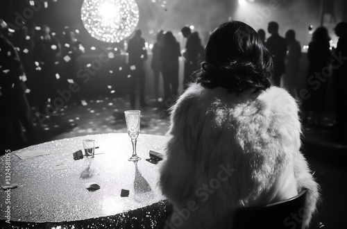 Vintage black and white photograph of a glamorous woman at a nightclub, elegant nightlife nostalgia