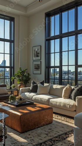 Modern Living Room With Large Windows and Scenic Views of the City Skyline at...