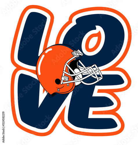 love - orange and navy blue football player helmet, sport vector graphics, hockey, for street art - graffiti lettering typography - art illustration - multicolor - writen	