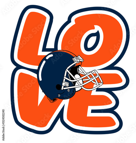 love - orange and navy blue football player helmet, sport vector graphics, hockey, for street art - graffiti lettering typography - art illustration - multicolor - writen	