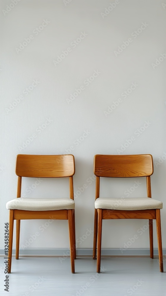 Obraz premium Minimalist Wooden Chairs Against a Beige Wall in a Modern Indoor Space