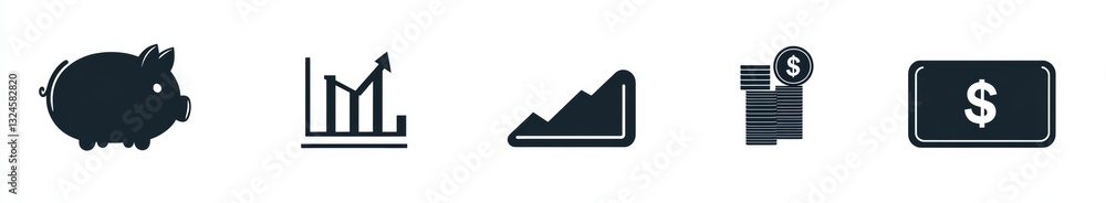 5 icons, black vector on white background. Piggy bank ,corner, coins and a growing chart and a wallet with a dollar sign. 5 icons, black vector on white background. Piggy bank ,corner, coins and a growing chart and a wallet with a dollar sign.