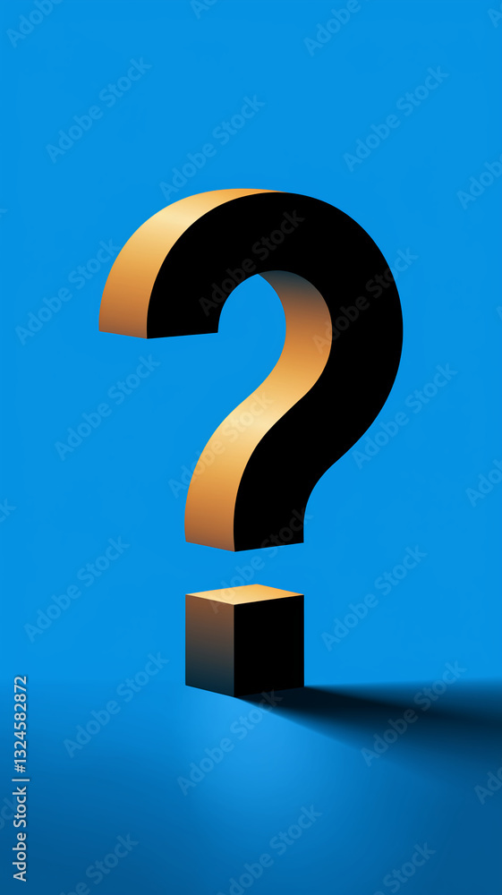 3D rendering of a black large question mark with gold highlights, positioned on a small cube against a blue background. It symbolizes inquiry, uncertainty, and the search for answers 3D rendering of a black large question mark with gold highlights, positioned on a small cube against a blue background. It symbolizes inquiry, uncertainty, and the search for answers